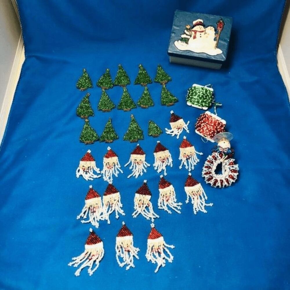 Beaded Christmas 2” tree and Santa,2 ea yards of green and red beads, 1